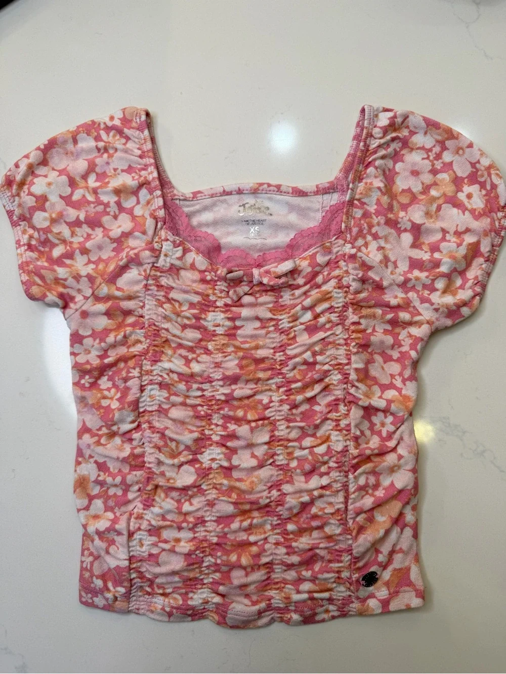 Justice Girls Floral Ruched Top Size XS 5/6 Pink Puff Sleeve Cottagecore Shirt